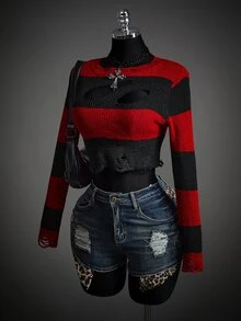 SHEIN ICON Fall Women's Autumn Halloween Red And Black Goth Devil Girl Fashion Colorblock Striped Distressed Sweater - Multicolor - View 7