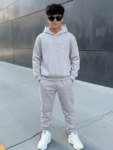 SHEIN 青少年男孩 2件組休閒灰色連帽衛衣與運動長褲，附3D字母印花，適合秋冬返校季節 - 淺灰色 - 查看 5