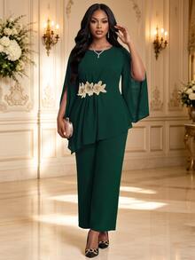 Fleurora Plus Size Elegant Party Floral Embroidered Top And Pants 2 Pieces Set - Dark Green - View 5