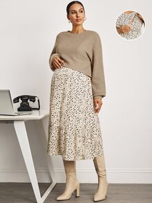 MaterniWear Maternity Solid Color Top & Ditsy Floral Print Dress Nursing 2-Piece Set Fall - Khaki - View 1
