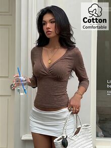 Aloruh Blue-Green V-Neck 3/4 Sleeve Slimming T-Shirt - Brown - View 7