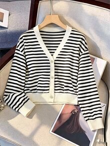 INAWLY Jaket Wanita Minimalis Gaya Prancis Kasual Garis-garis Hitam Putih Blok Warna Lengan Panjang Kancing Cocok untuk Sarapan, Sehari-hari, dan Musim Gugur - Aprikot - View 3