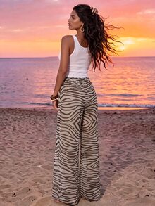 Nevyona Brown And Zebra Print Drawstring Wide-Leg Pants For Women, Suitable For Spring And Summer Beach Outings, Casual Wear, And Versatile Bottoms - Brown - View 2