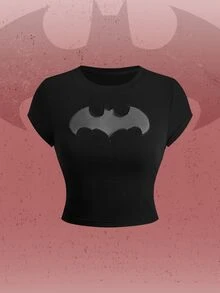 Batman X ROMWE Collaboration Hollow-Out Contrast Mesh Design Fitted Cropped Women's T-Shirt - Black - View 1