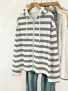 INAWLY Sweatshirt Wanita Lengan Panjang Bergaris dengan Bahu Longgar dan Resleting serta Tali Serut - Hitam dan Putih - View 2