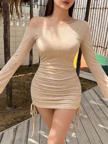 DAZY 女款韓式不對稱肩長袖度假休閒T恤 秋季 - 杏色 - 查看 2