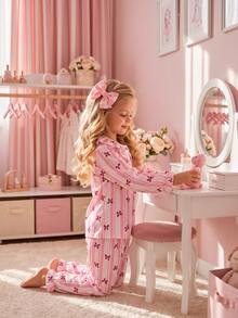 SHEIN 2-Piece Girls Toddler Cute Ruffle Lapel Long Sleeve & Long Pants Pink And White Striped Bow Print Comfy Lightweight Knit Autumn/Winter Pajamas - Baby Pink - View 1