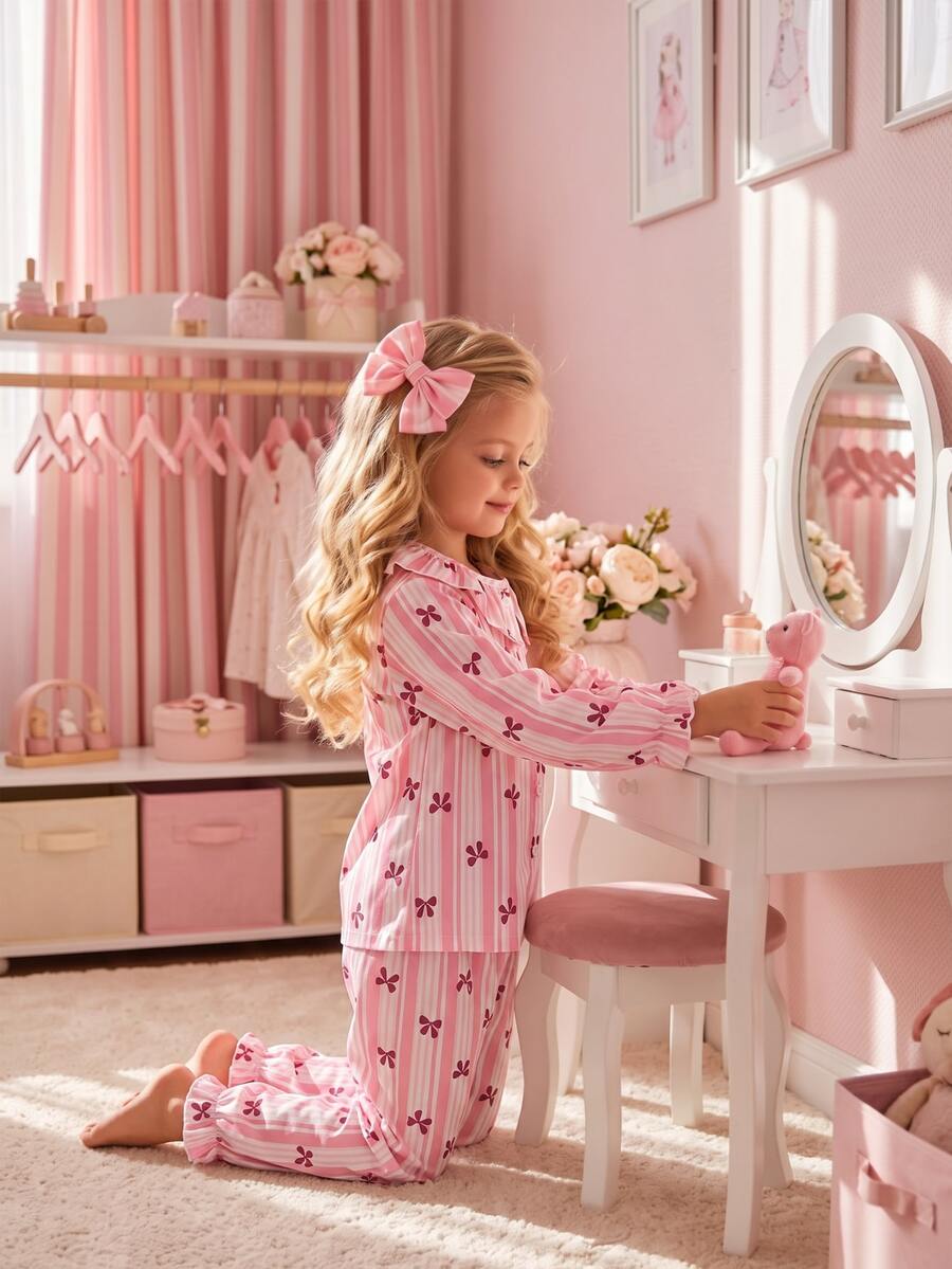 SHEIN 2-Piece Girls Toddler Cute Ruffle Lapel Long Sleeve & Long Pants Pink And White Striped Bow Print Comfy Lightweight Knit Autumn/Winter Pajamas - Baby Pink - View 1
