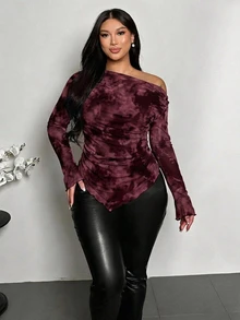 Firerie Plus Size Women's Tie-Dye Long Sleeve Asymmetrical Hem Fashion T-Shirt Fall - Multicolor - View 1