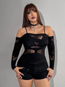 Whyspr 大尺碼女款純色露肩破洞性感哥德風上衣，秋季萬聖節外出演唱會穿搭，黑色 - 黑色 - 查看 5