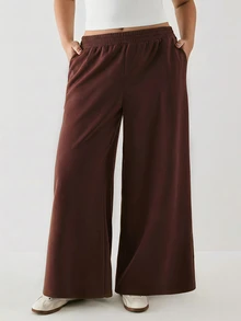 YARNWELL Plus Size Elastic Waist Loose Sweatpants With Pockets - Coffee Brown - View 2