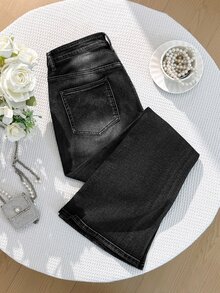 Comfortcana Celana Jeans Slim Fit Model Flare Ukuran Plus Kasual dengan Hiasan Rhinestone - Hitam - View 3