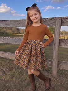 Emery Rose Kids Emery Rose Kids 女童小女孩拼色休閒日常夏季旅行洋裝 秋季風格 秋冬日常 農場萬聖節穿搭 - 卡其色 - 查看 6