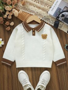 幼童拼色 Polo 領麻花編織毛衣，可愛熊貼布長袖套頭衫，復古麻花編織翻領兒童毛衣，學院風休閒百搭小男孩日常穿著與外出服飾 - 米色 - 查看 6