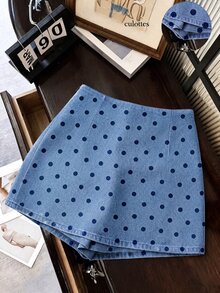 SHEIN Franclia 時尚休閒通勤百搭丹寧效果印花紋理柔軟面料高腰開衩女款短褲/裙/寬腿褲/熱褲 - 藍色 - 查看 2