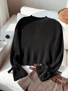 SHEIN 少女款寬鬆極簡圓領綁帶袖裝飾秋季毛衣，棕色針織羅紋蝴蝶結套頭衫，適合冬季校園返校穿搭 - 黑色 - 查看 4