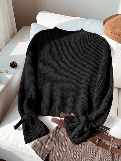 SHEIN Young Girl Young Girl Kids Loose Minimalist Round Neck Tie Sleeve Autumn Sweater,Brown Knitted Ribbed Bow Pullover For Winter School Back-To-School