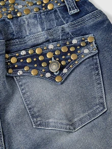ROMWE Grunge Punk Y2K Street Punk Retro Metal Rivet Design Ultra Low Waist Flared Jeans - Blue - View 4