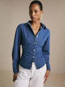 Poéselle Women's Fashion Single-Breasted Cinched Waist Long Sleeve Denim Top - Medium Wash - View 5