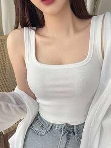DAZY 女款夏季方領修身羅紋細肩帶背心上衣 - 白色 - 查看 13