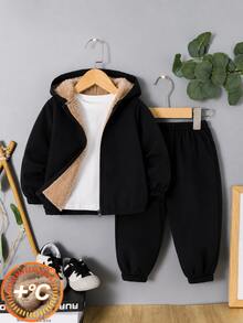 SHEIN 小男孩裝飾拼接連帽長袖外套與彈性腰長褲 2件套 - 黑色 - 查看 3