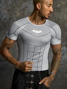 BATMAN X SHEIN Men's Geometric Bat Print Short Sleeve Slim Fit T-Shirt - Grey - View 3
