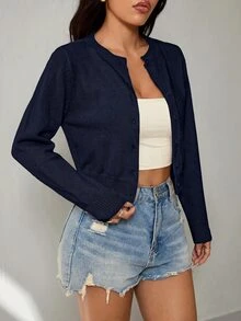 SHEIN PETITE 女款素色單排扣休閒長袖開襟衫 - 藏蓝色 - 查看 5