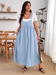 Enliva Plus Size Loose Black Strap Dress - Baby Blue - View 4