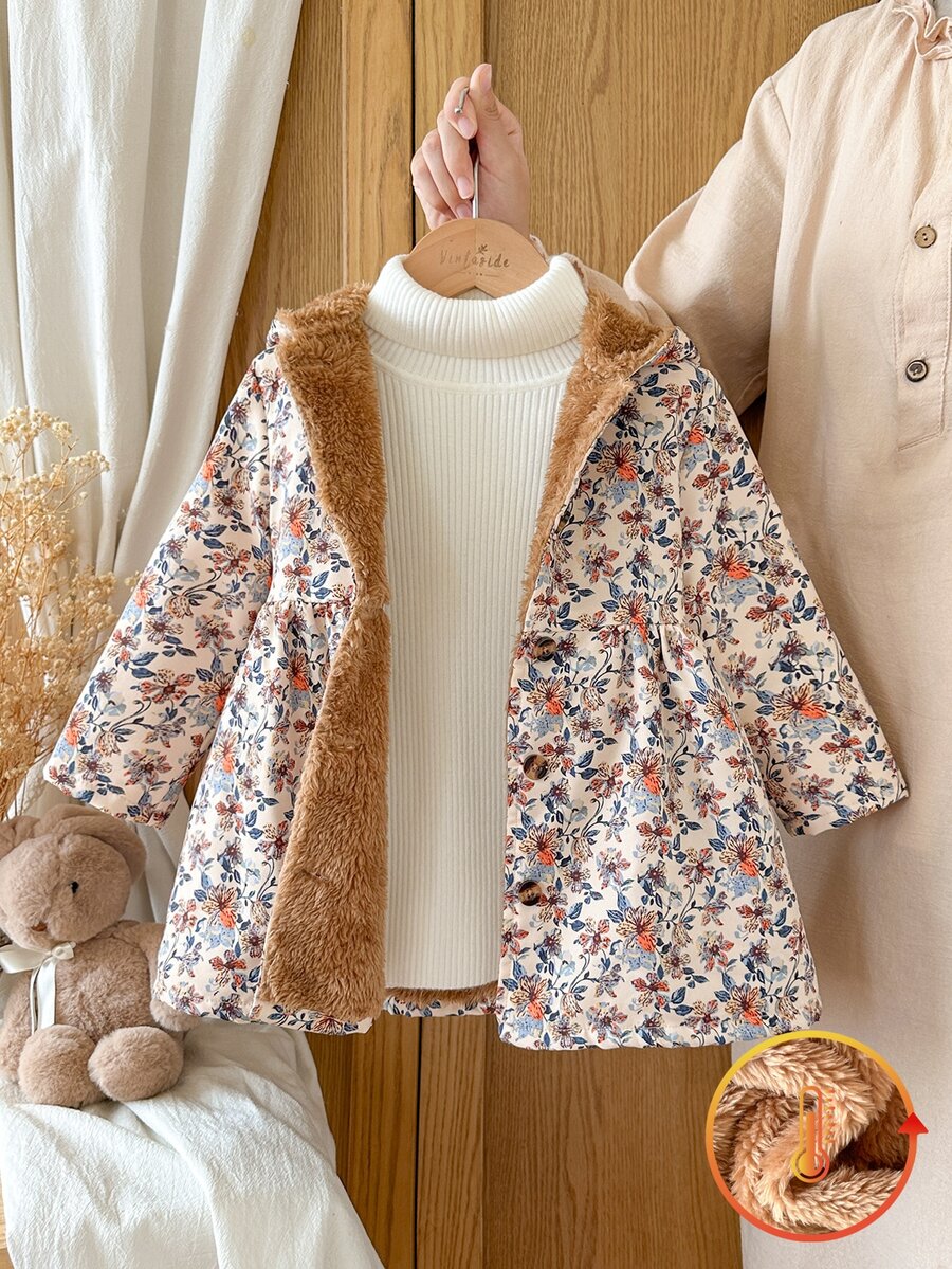 SHEIN Vintaside Kids 女嬰咖啡棕色毛絨內裡連帽卡其色長袖秋冬時尚百搭外套 - 棕色 - 查看 1