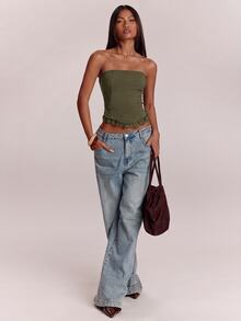SHEIN BAE Women's Summer Elegant Lace Trim Bandeau Top - Army Green - View 4