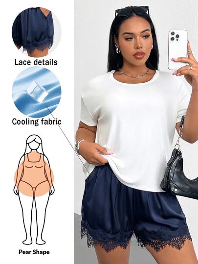 Shapeblank شورتات نسائية مقاس كبير للربيع/الصيف، موضة كاجوال فضفاضة باردة مريحة للاستخدام اليومي متعددة الاستخدامات، شورتات ساتان بحافة دانتيل سوداء، ملابس خارجية، شورتات صيفية، أسلوب بسيط، شورتات دانتيل