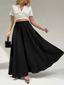 Auralis Plus Size Women's Solid Color Elastic Waist Casual Commute Skirt - Black - View 4