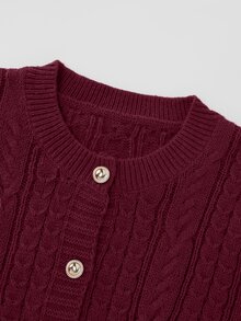 Franclia Caramel Cable Knit Cardigan, Round Neck Pearl Button Short Vintage Soft Style Sweater - Burgundy - View 5