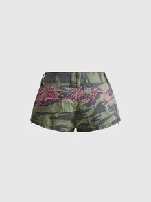 ROMWE Street Life 夏季街頭龐克迷彩拼色口號刺繡迷你牛仔短褲 - 軍綠色 - 查看 5