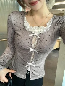 DAZY Women's Summer 2 In 1 Ruffle Bowknot Short Sleeve T-Shirt - Grey - View 5