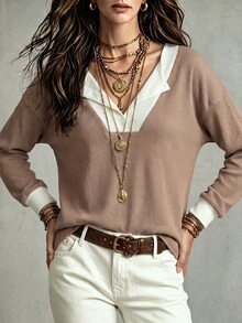 SHEIN LUNE 女款秋季休閒拼色拼接 T 恤 - 彩色 - 查看 4