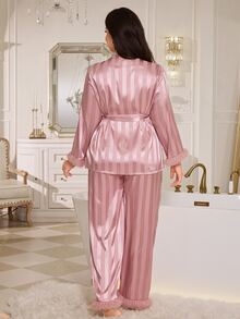 MuseNap CURVE Pink Satin Vertical Striped Mesh Trim Tie Front Plus Size Pajama Set - Pink - View 3