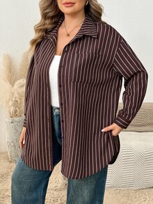 SHEIN CURVE+ Plus Size Women's Striped Casual Versatile Everyday Shirt Fall - Brown - View 6