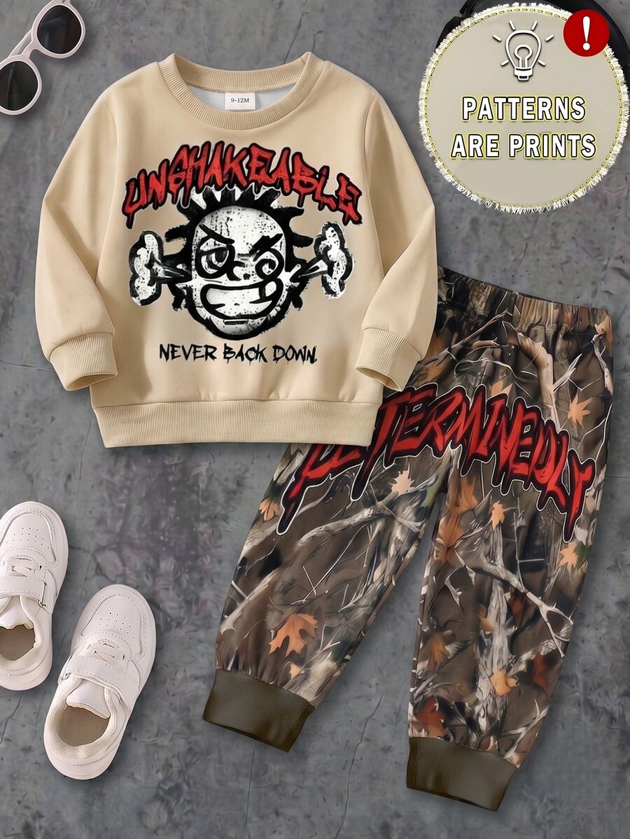 2pcs Baby Boys Sweatshirt Set Streetwear Beige Graffiti Print Long Sleeve Round Neck Loose Fall Outfits Back To School Autumn Winter - Multicolor - View 1