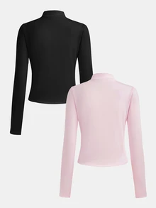 SHEIN Girlism 青少年女孩休閒彈性半拉鍊V領修身長袖黑色/粉色兩件式外套套裝，極簡休閒秋冬外套，瑜伽 - 彩色 - 查看 2