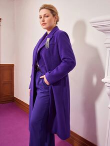 MOTF PREMIUM PLUS ELEGANT BROOCH DECORATED PURPLE MID-LENGTH WOOL BLEND OVERCOAT - Purple - View 5