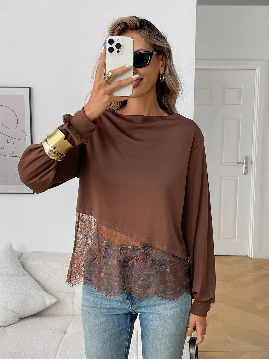 Elyressa Women's Woven Elegant Everyday Autumn T-Shirt - Brown - View 1