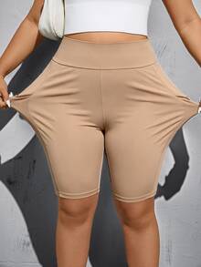 Shapeblank Plus Size Solid Color Butt-Lifting Waist-Cinching Pocket Tight-Fitting Shorts - Khaki - View 4