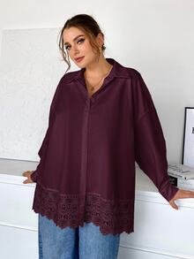 SHEIN Essnce 大尺碼女款純色落肩長袖單排扣寬鬆襯衫 - 玫瑰紅 - 查看 4