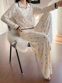DAZY 2pcs/Set Women's Pajama Set, Lace Patchwork Bow Full Print Pattern Half-Open Neckline Pullover Long Sleeve Top And Straight Leg Long Pants Fall - Beige - View 4