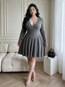 Vibekara Plus Size Women's Fitted Long Sleeve A-Line Ribbed Knit Dress, Comfortable For Early Autumn - Grey - View 6