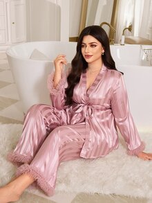 MuseNap CURVE Pink Satin Vertical Striped Mesh Trim Tie Front Plus Size Pajama Set - Pink - View 6