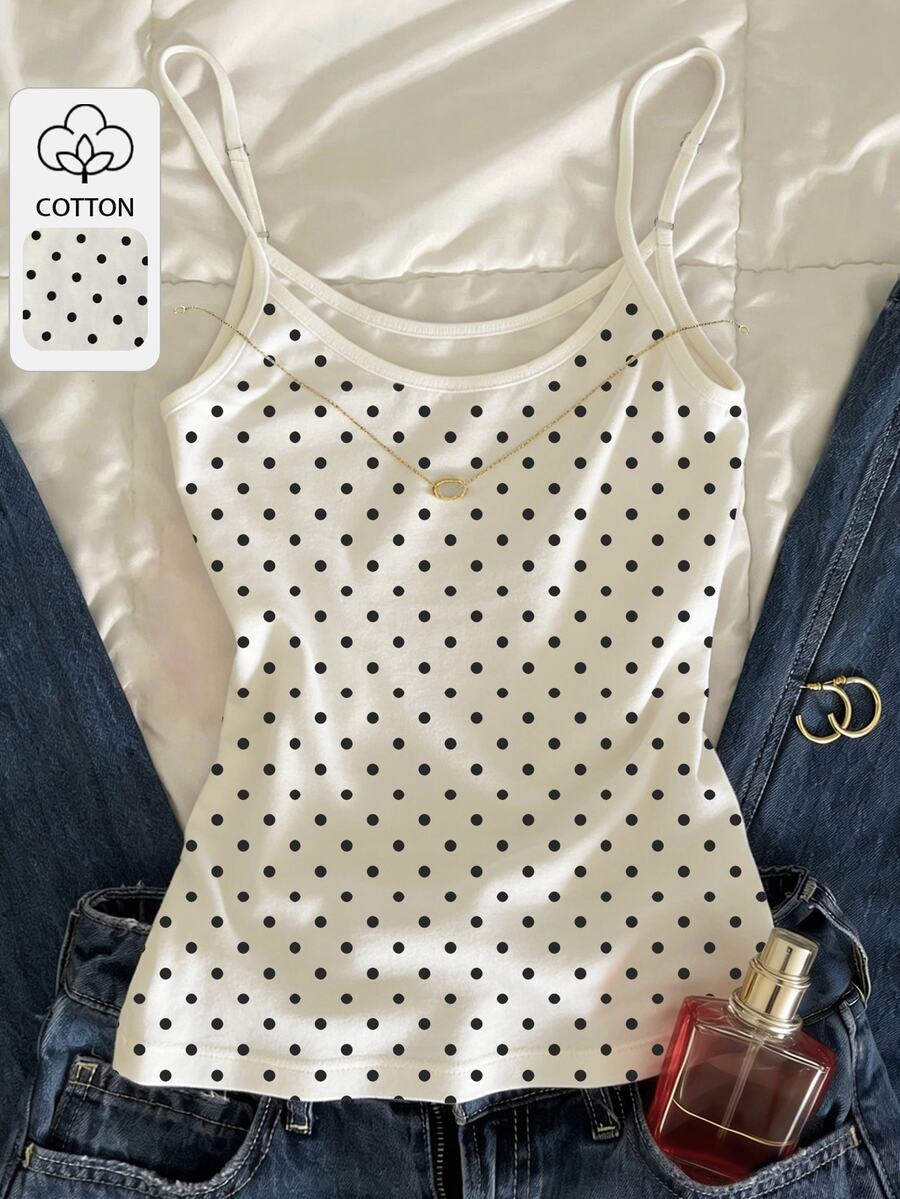 IslaSuriya Plus Size Women Casual Cotton Polka Dot Camisole Tank Top - White - View 1