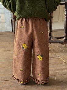 DAZY Baby Girl Ruffle Hem Floral Embroidered Casual Long Pants - Coffee Brown - View 2