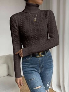 SHEIN LUNE 復古百搭高領麻花編織長袖套頭毛衣 - 咖啡棕 - 查看 6